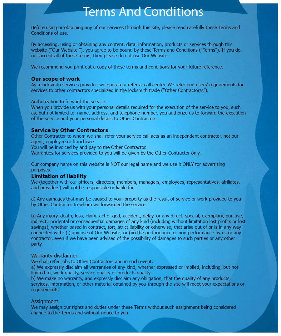 Kenilworth Locksmith Service, Kenilworth, NJ 908-314-4297 - TermsAndConditions